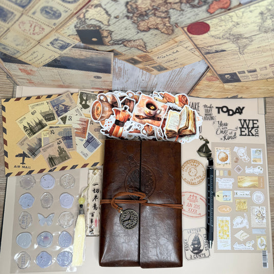 Brown leather travel journal with decorative elements on a wooden surface