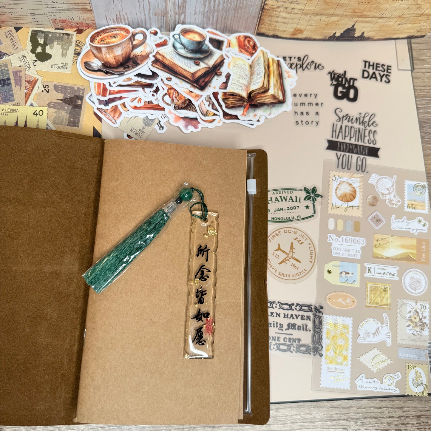 Brown paper bag with decorative elements on a wooden surface