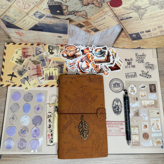 Brown leather journal with decorative elements on a wooden surface
