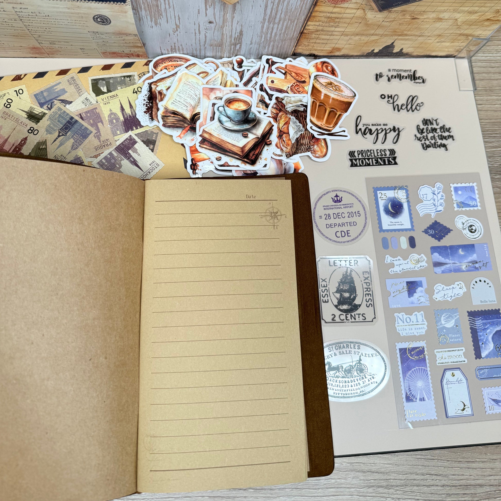 Notebook with decorative stickers and a world map on a wooden surface