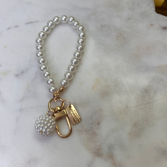White Beaded Keychain With Ball