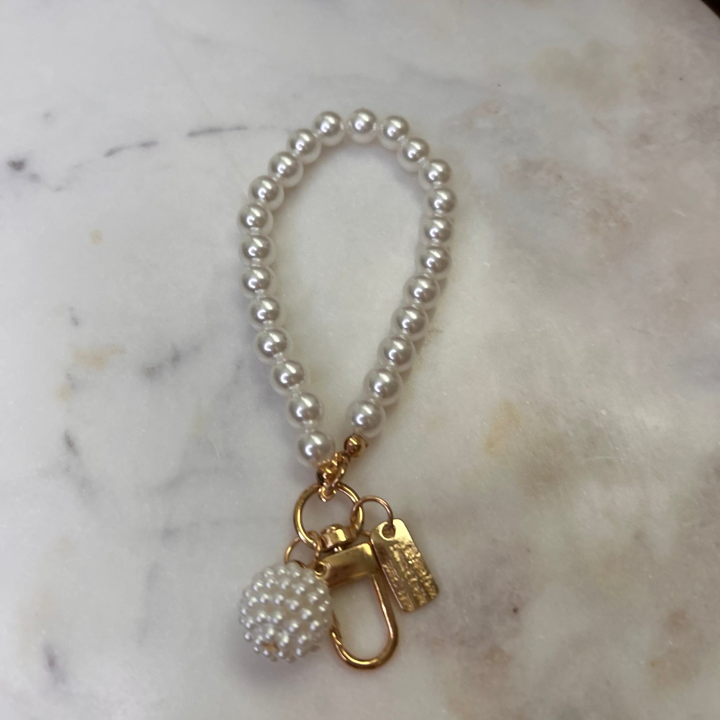 White Beaded Keychain With Ball
